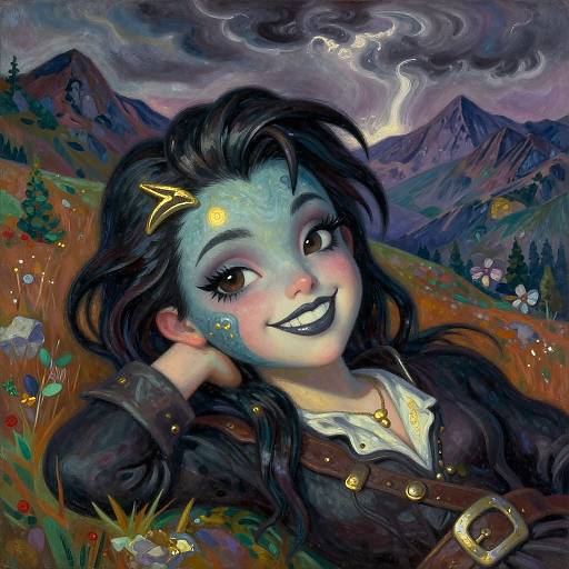 Whimsical digital painting of a smiling girl with blue face, black hair, and star hairpin, set against a colorful, mystical mountain landscape with