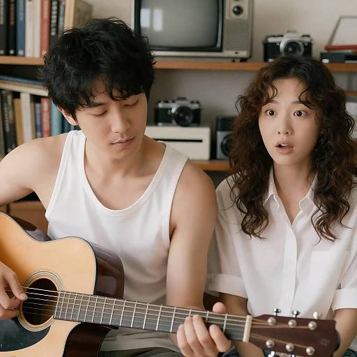 Young Asian Man Playing Guitar with Surprised Woman Indoors