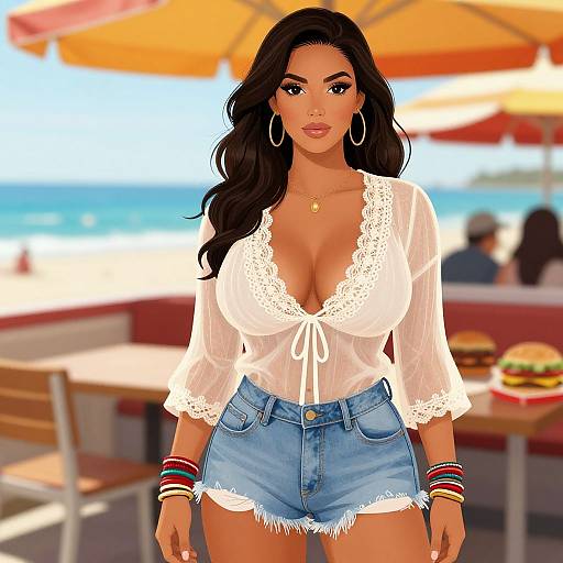 Digital illustration of a curvy woman with large breasts, tan skin, long black hair, wearing a lace white blouse and denim shorts, standing at a