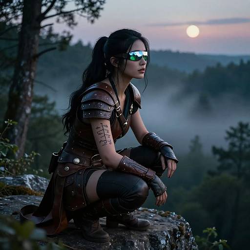Digital art: Dark-haired warrior woman with green reflective goggles and leather armor crouches on rocky cliff at sunrise, misty forest background.