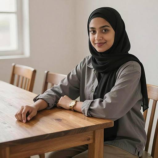 Photograph of a smiling young woman with medium brown skin, wearing a black hijab and gray button-up shirt, seated at a wooden table in a