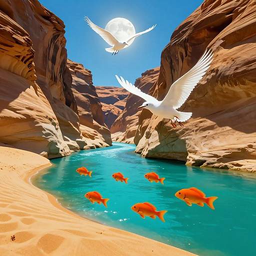Photorealistic digital art of a sunlit canyon with turquoise water, orange fish, white birds flying, and towering rocky cliffs.