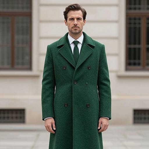 Photograph of a serious-looking man with dark hair, wearing a dark green double-breasted coat over a white shirt and black tie, standing in front