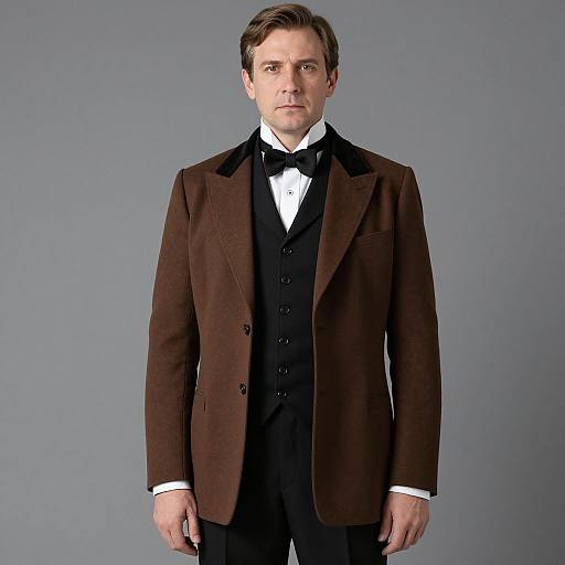 Photograph of a Caucasian man with short brown hair, wearing a brown velvet jacket, black waistcoat, white shirt, and black bow tie, standing