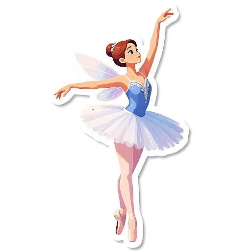 Digital illustration of a red-haired ballerina in a blue and white tutu, with delicate wings, leaping gracefully against a white background.