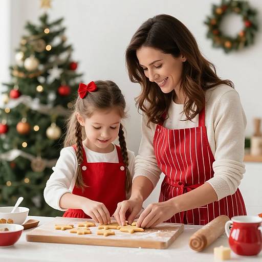 Photograph of a smiling woman and young girl with braids, both in red aprons, cutting cookies on a wooden board in a festive, Christmas