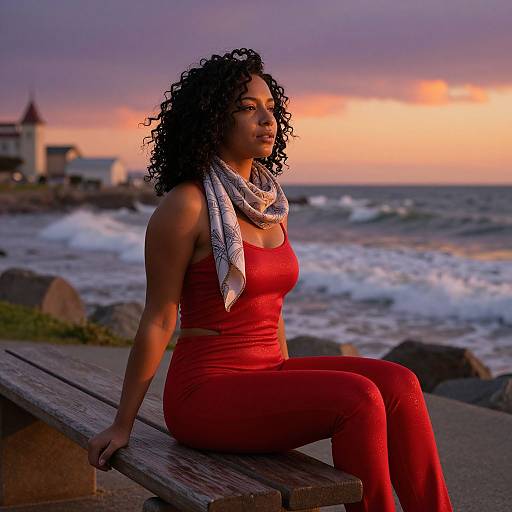 Photograph of a curly-haired Black woman in a red dress and white scarf, sitting on a wooden bench by a sunset ocean, with waves and a