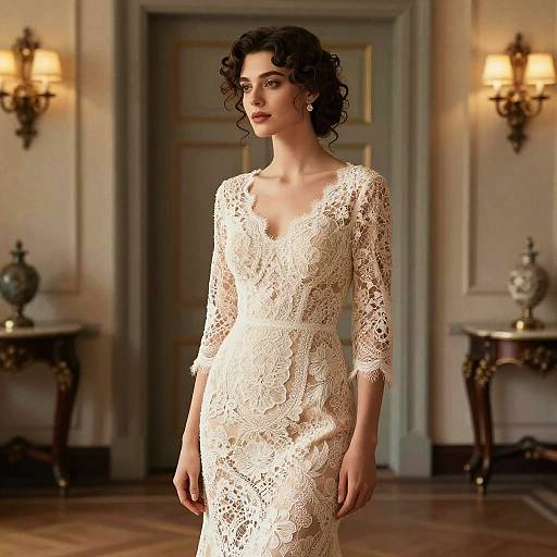 Photograph of a dark-haired woman with curly hair, wearing a delicate, ivory lace dress, standing in an elegant, warmly lit room.
