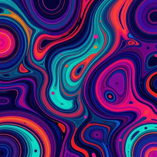 Vibrant, abstract digital art with swirling, neon-colored patterns in blue, pink, red, and orange on a dark background. Fluid, wave