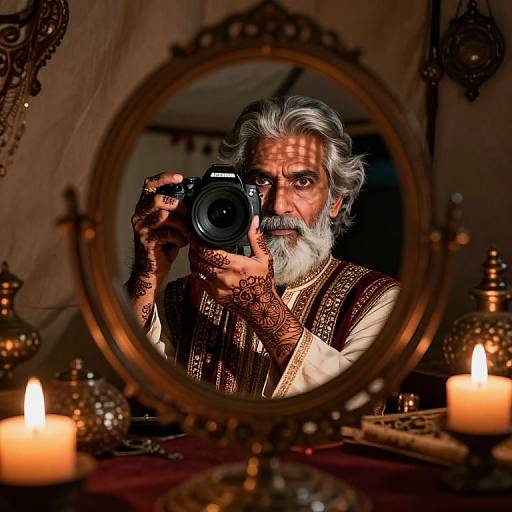 Photograph of an elderly Indian man with gray beard and white hair, wearing intricate henna patterns and traditional attire, taking a mirror selfie with a camera