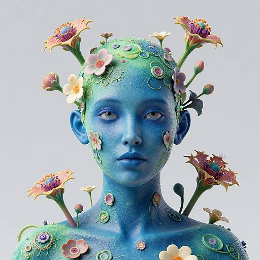 Digital artwork of a blue-skinned humanoid with floral and botanical elements in hair and body, featuring colorful flowers and stems.