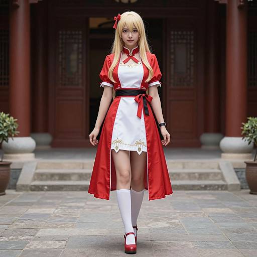 Photograph of a blonde anime-style woman in a red and white dress with a black ribbon, white knee-high socks, and red Mary Jane shoes,