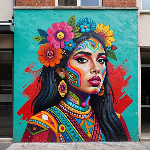 Vibrant street art of a woman with colorful face paint, flower crown, and traditional jewelry, set against a turquoise and red background.