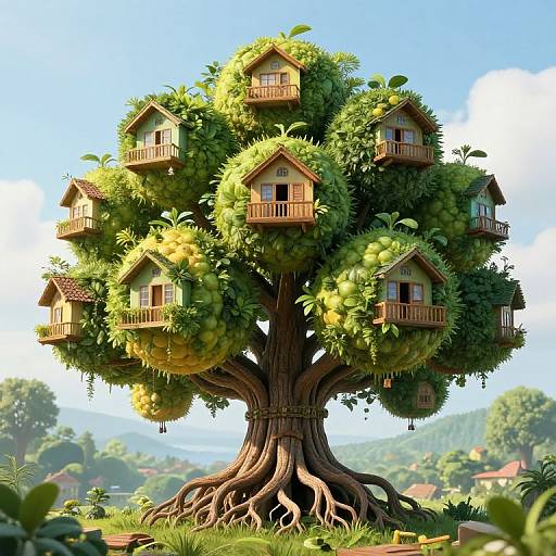 Digital illustration of a lush tree with five quaint, brown-roofed, wooden houses nestled in its green foliage, set against a bright blue sky and