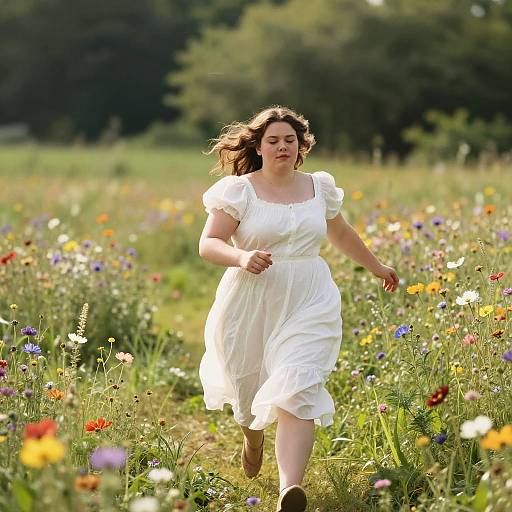 Photograph of a young woman with light brown hair, wearing a white dress, running through a vibrant, sunlit meadow filled with colorful wildflowers