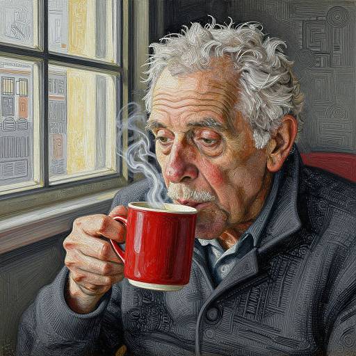 Photorealistic digital painting of an elderly man with curly white hair, sitting by a window, sipping from a red steaming mug.