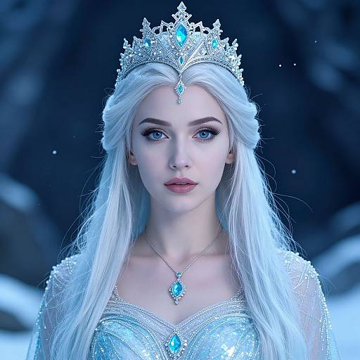 Digital artwork of a fair-skinned, blue-eyed princess with long white hair, wearing a silver crown and matching blue gemstone necklace, in a snowy