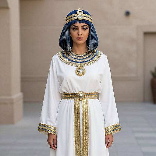Photograph of a woman with dark skin, blue headdress, and white Egyptian-style dress with gold trim, standing in a beige stone courtyard.