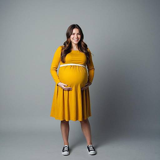 Joyful Pregnant Woman in Yellow Dress