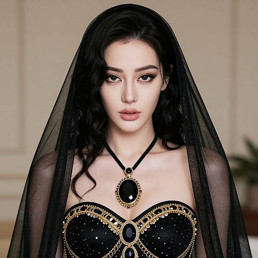 Photograph of a pale-skinned woman with long black hair, wearing a black sheer veil, strapless black dress with gold chain details, and an