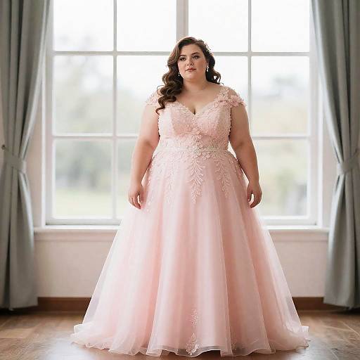 Photograph of a plus-sized woman with long brown hair wearing a pink, lace-embellished, full-length wedding gown, standing in front of