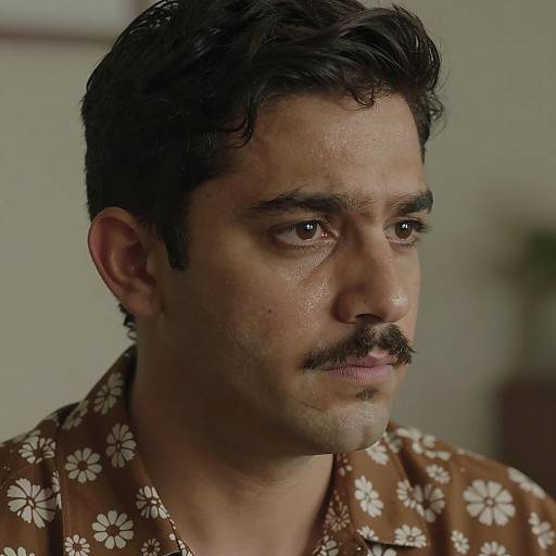 Serious Man in Floral Shirt Close-Up