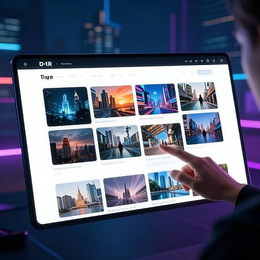 Photograph of a hand touching a tablet displaying a grid of colorful cityscape images at night, with a blurry neon-lit background.