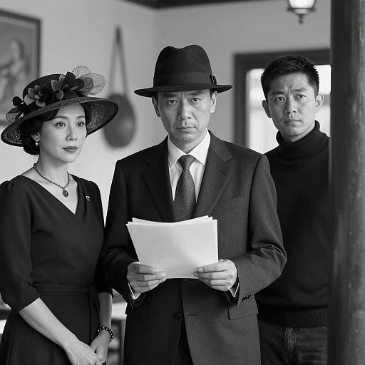 Black and White Portrait of Three Serious Adults Indoors