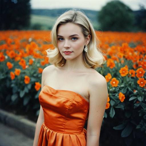 Blonde Woman in Orange Satin Dress with Flowers