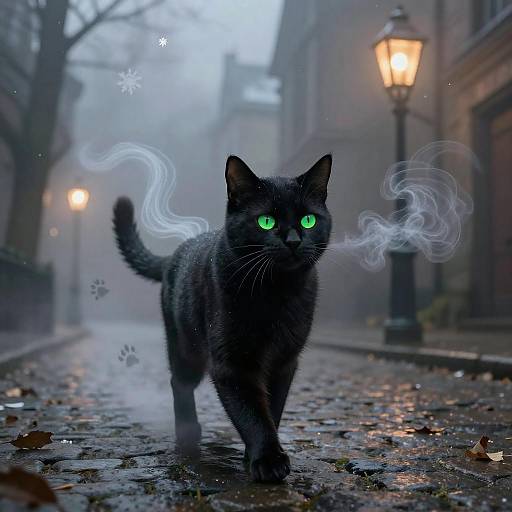 Photograph of a black cat with glowing green eyes and wispy smoke, walking on a foggy, cobblestone street at night, illuminated by