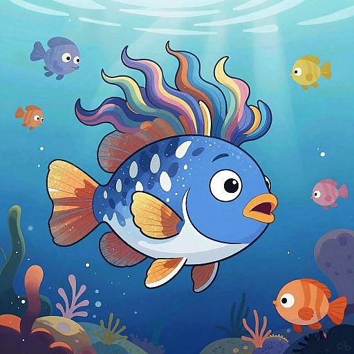 Joyful Cartoon Fish with Wavy Hair