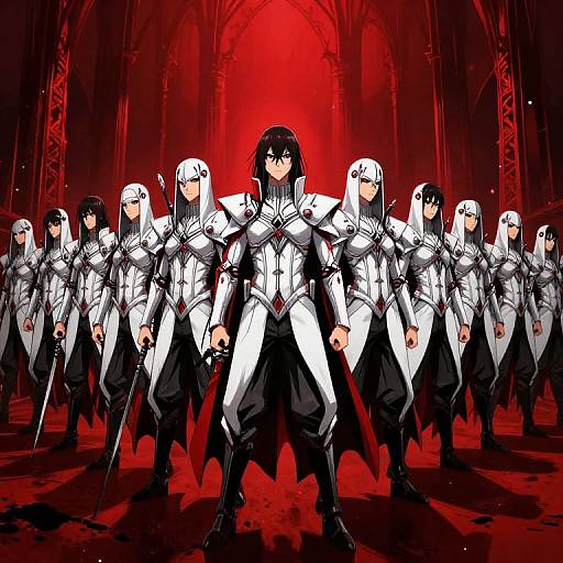 Digital anime-style drawing of a black-haired female knight in white armor, surrounded by seven identical white-haired female knights, standing in a red-lit,