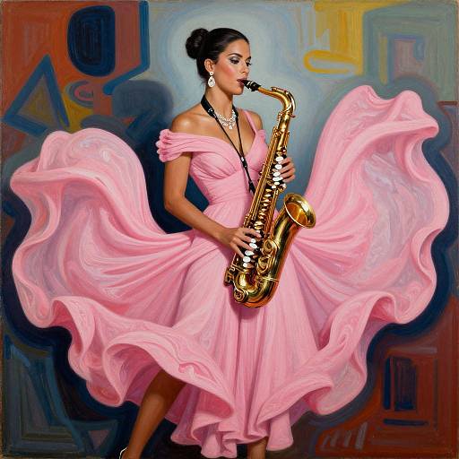 Photograph-style digital painting of a dark-haired woman in a flowing pink dress playing a golden saxophone, against a colorful, abstract background.