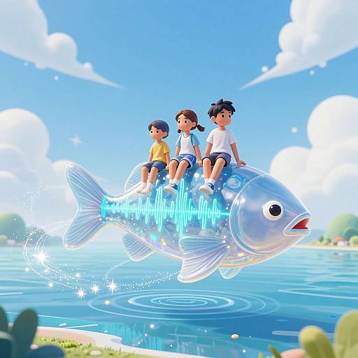 Digital illustration of three children riding a glowing blue fish over a sunny, sparkling lake with clear skies and fluffy clouds.