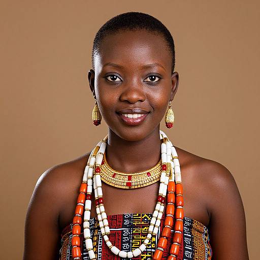 Photograph of a smiling African woman with dark skin, short hair, wearing elaborate gold jewelry and colorful beaded necklace against a beige background.