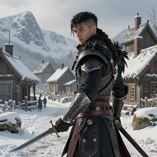 Raven-Armored Rogue in Snow-Dusted Village