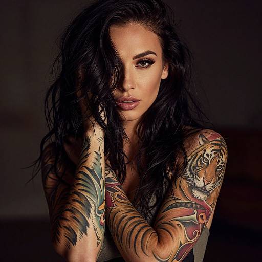 Photograph of a tattooed woman with long black hair, intense gaze, and intricate tiger sleeve tattoos, set against a dark background.