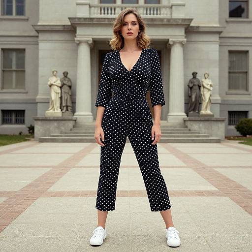 Photograph of a confident woman with wavy brown hair, wearing a black polka dot jumpsuit and white sneakers, standing in front of a grand