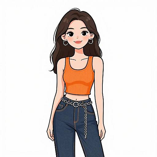 Digital illustration of a smiling young woman with long brown hair, wearing an orange crop top, dark blue jeans with chains, and hoop earrings, against a