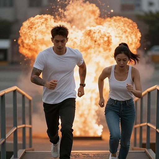 Man and Woman Running From Explosion