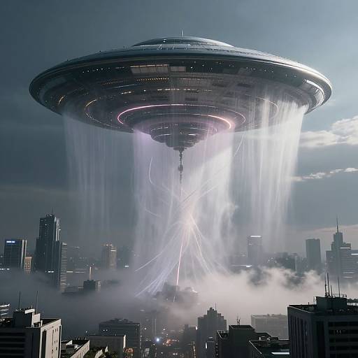 Colossal Hovering Disc Over Futuristic Metropolis
