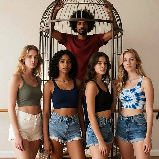 Fashionable Group Posing with Birdcage