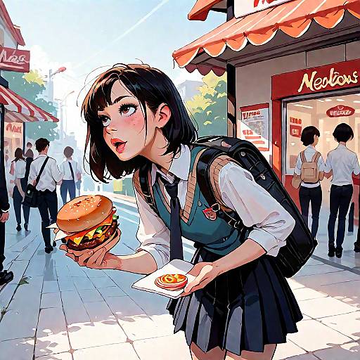 Anime Schoolgirl Holding Burger on Urban Street