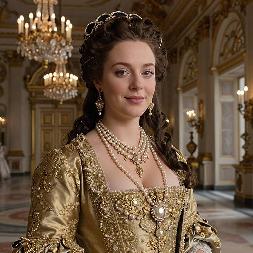 Photograph of a fair-skinned woman with dark brown hair in an elaborate gold 18th-century gown, adorned with pearls and jewelry, standing in