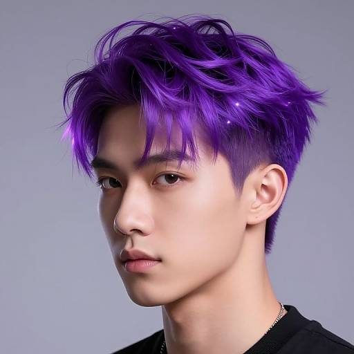 Photograph of an East Asian young man with vibrant purple, spiky hair, light skin, neutral expression, wearing a black shirt, against a gray