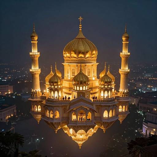 Photograph of a brightly illuminated, golden-domed mosque at night, with four minarets, reflecting on a calm water surface, surrounded by a
