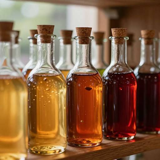 Photograph of six clear glass bottles with cork stoppers, containing yellow, amber, and red liquids, arranged on a wooden shelf.