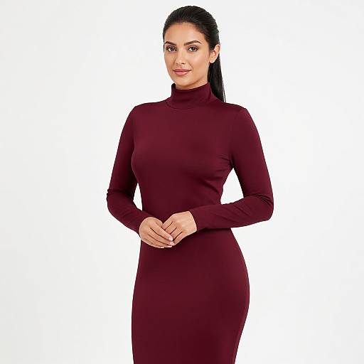 Photograph of a smiling woman with dark hair in a sleek, long-sleeved, deep burgundy dress, standing against a plain white background.