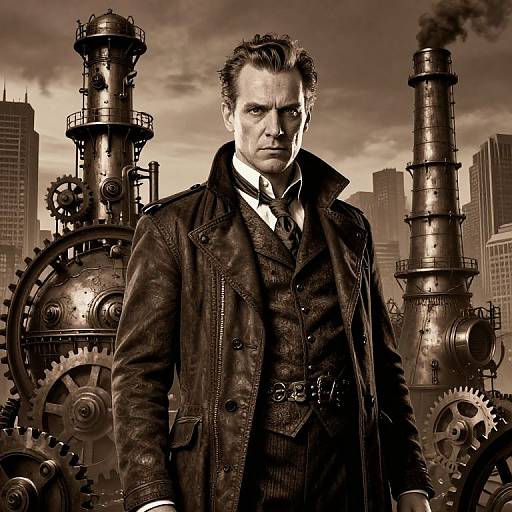 Sepia-toned photograph of a stern, suited man in front of industrial steam engines and cityscape, conveying a steampunk atmosphere.