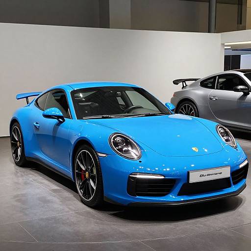 Photograph of a vibrant blue Porsche 911 GT3 at an auto show, with a silver Porsche in the background on a gray tiled floor.